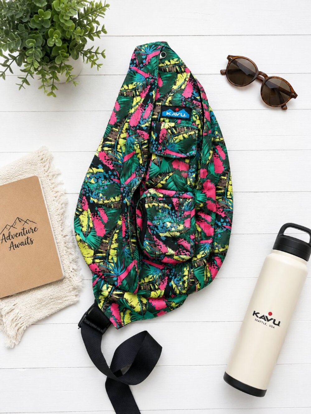 KAVU Tropical Print Sling Bag Colorful Crossbody Rope Backpack
